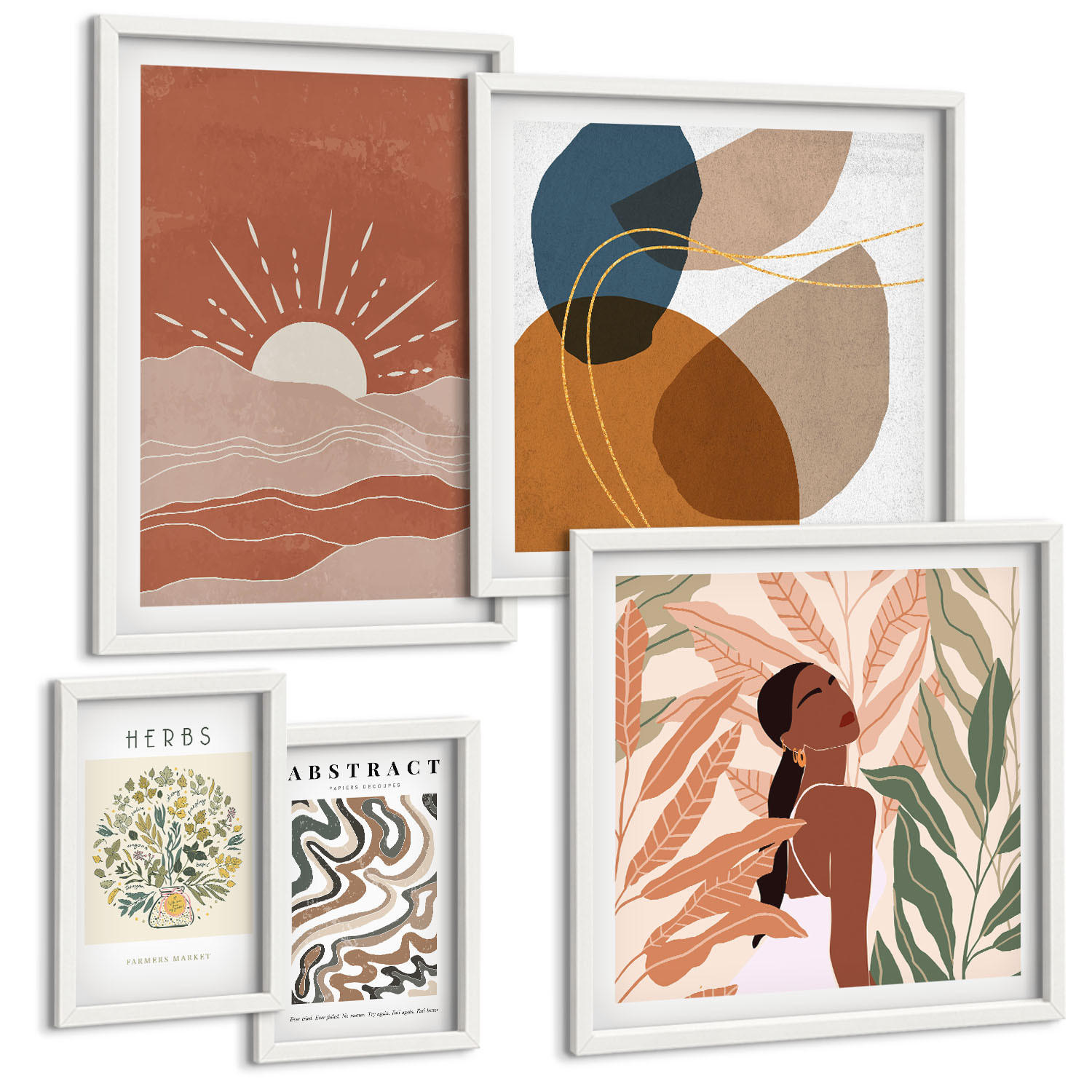 BILDER SET 5er Set - 50x50 cm & 20x30 cm & 40x60 cm Weißer Rahmen - Boho-Ästhetik, Pastellposter - Weiß, Kunststoff (40/60cm) - TULUP