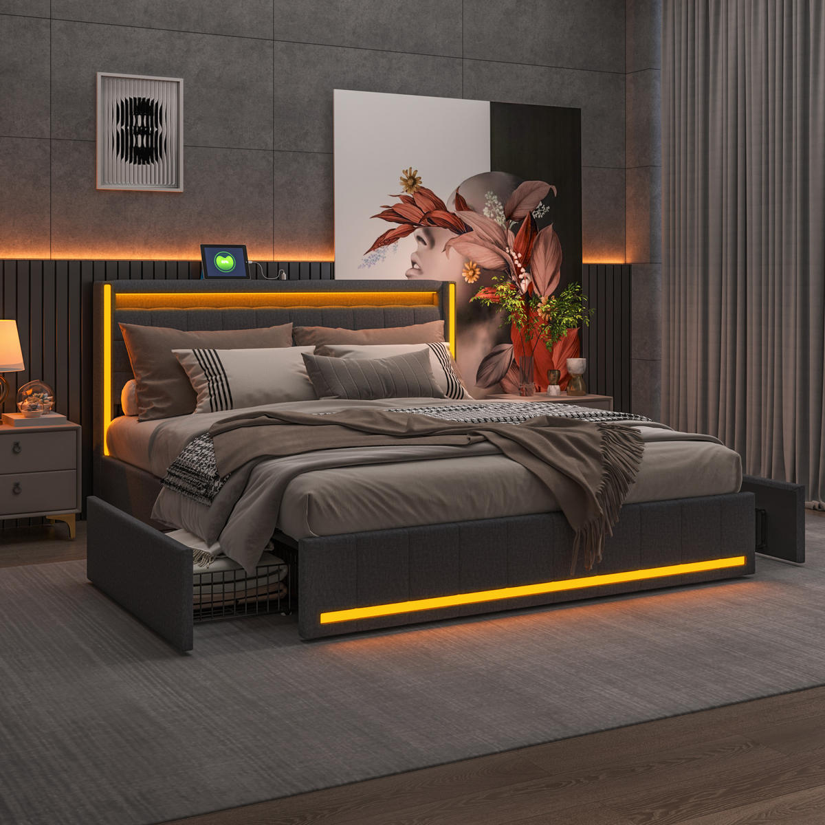 POLSTERBETT 140x190 cm Dunkelgrau Leinen LED USB 4 Schubladen - Grau, Holz (140/200cm) - SHOPENTRA