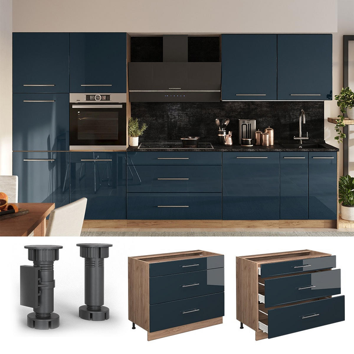 KÜCHENUNTERSCHRANK Fame-Line, Dunkelblau Hochglanz/Goldkraft Eiche, 100 cm, AP Anthrazit - Honigeiche/Dunkelblau, Holzwerkstoff (100/82/60cm) - Vicco