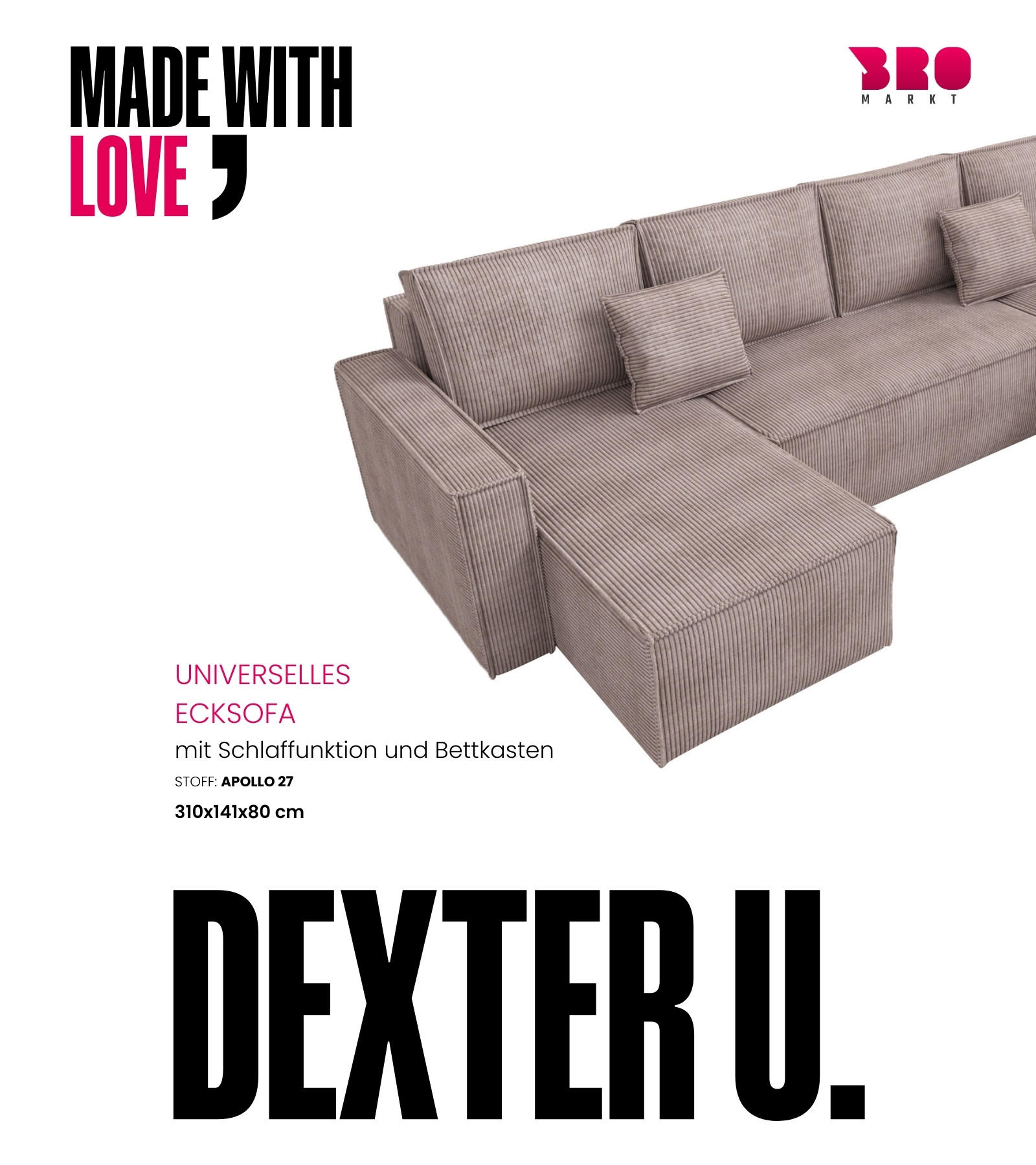 WOHNLANDSCHAFT Dexter U mit Schlaffunktion Puderrosa Cord - Rosa, Textil (310/80/141cm) - Bromarkt