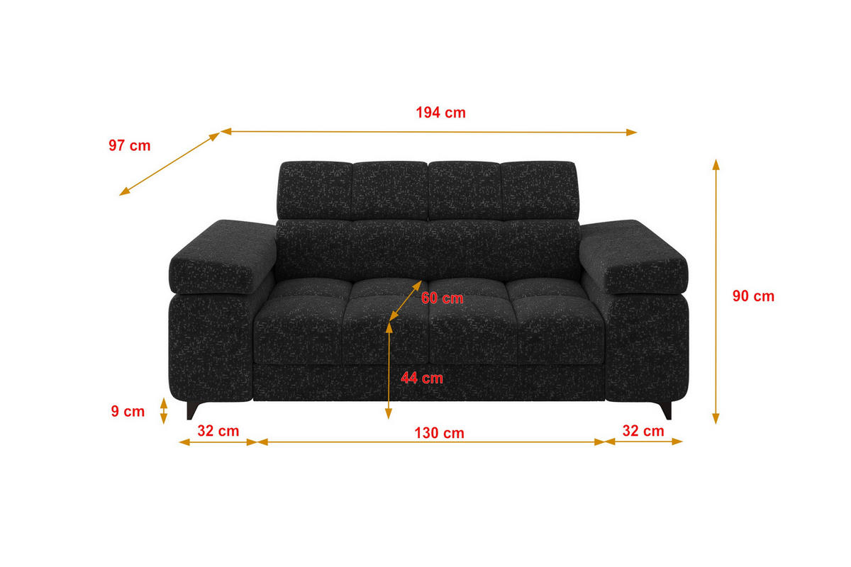 SOFA 2-Sitzer LORD-S1 194x97x90 cm Schwarz Chenille - Schwarz, Holzwerkstoff/Textil (194/90/97cm) - ALTDECOR