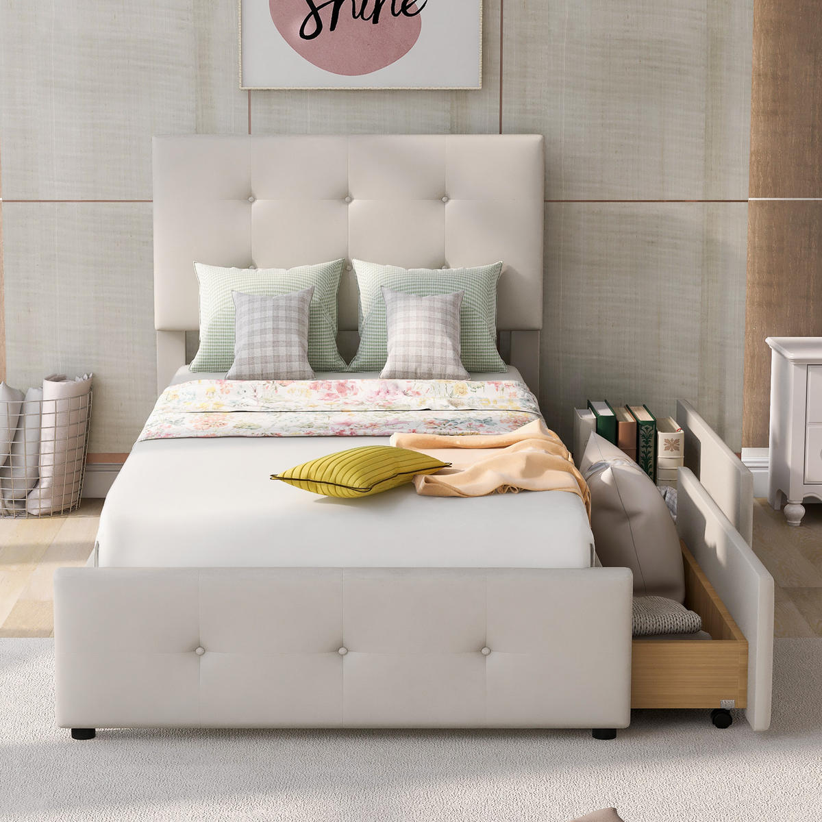 POLSTERBETT 90/200 cm beige aus Samt mit Schublade und Lattenrost - Beige, Textil (90/200cm) - OKWISH