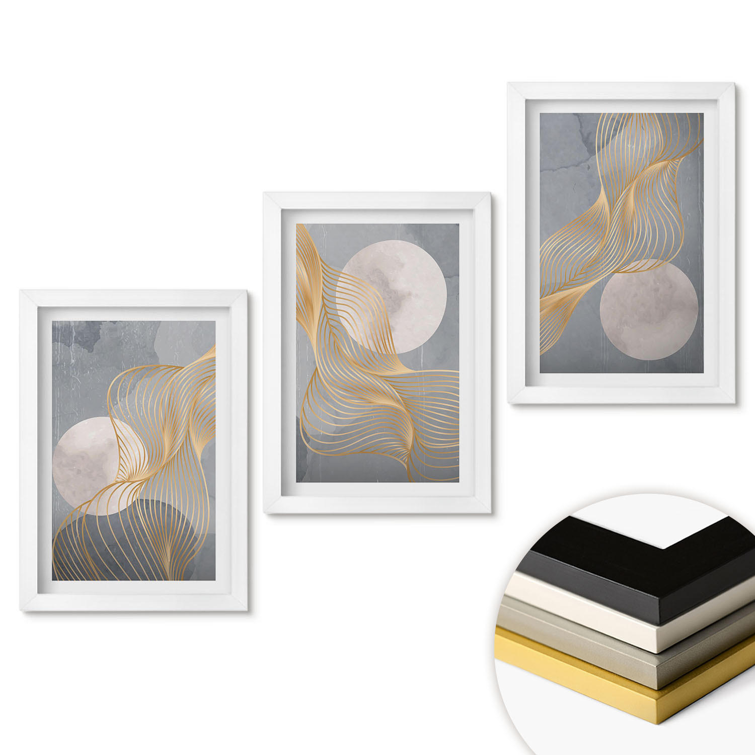 WANDBILDER 3er-Set - 20x30 cm Weißer Rahmen - Abstrakte Muster Wellen Kreise - Weiß, Kunststoff (20/30cm) - ArtPrintCave