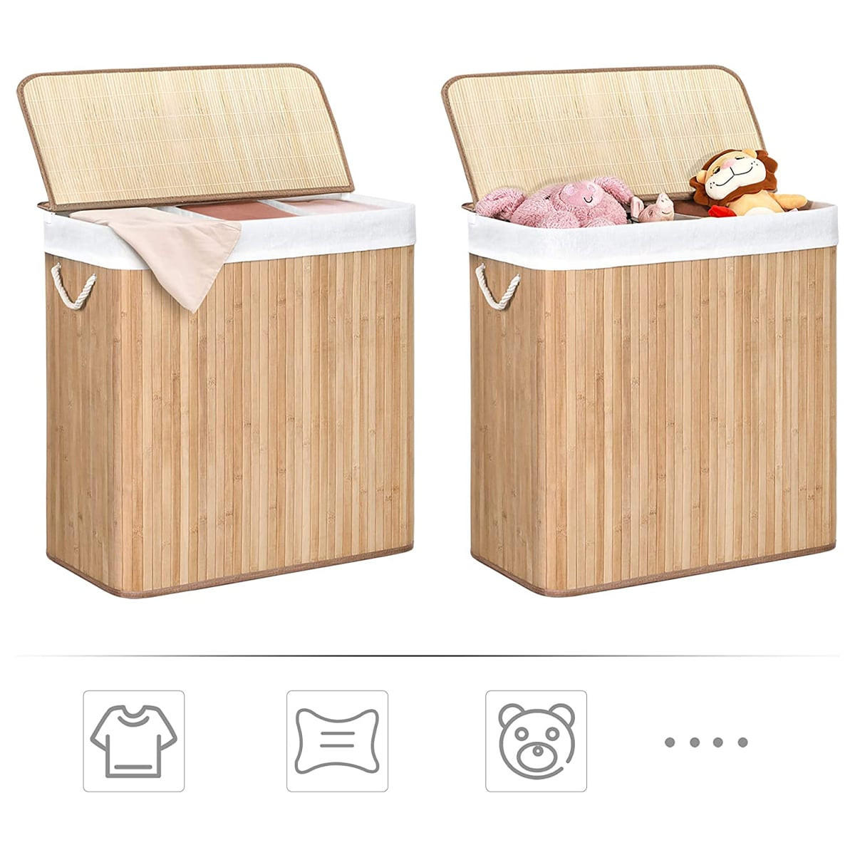 BAMBUS-WÄSCHEKORB mit 3 Fächern, Deckel und Griffen, 150L - L60 x H61,5 cm - Braun, Holz (40/61.5/60cm) - Calicosy