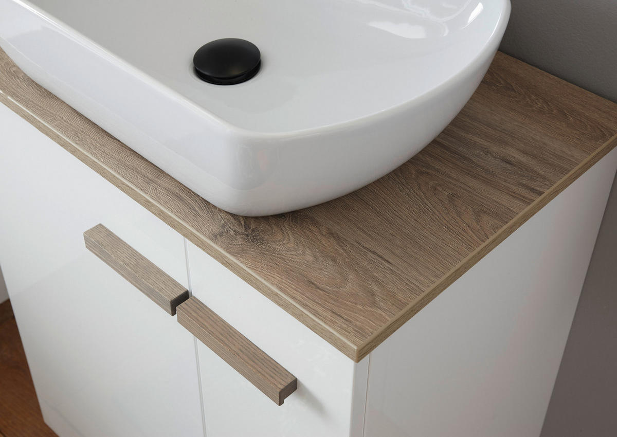 BADMÖBEL-SET weiß Hochglanz Lack, Eiche, Badkombination MIT Waschbecken, Badlampe 130 x 200 cm hängend, stehend - Weiß Hochglanz/Eichefarben, Holzwerkstoff (130/200/40cm) - Furn.Design