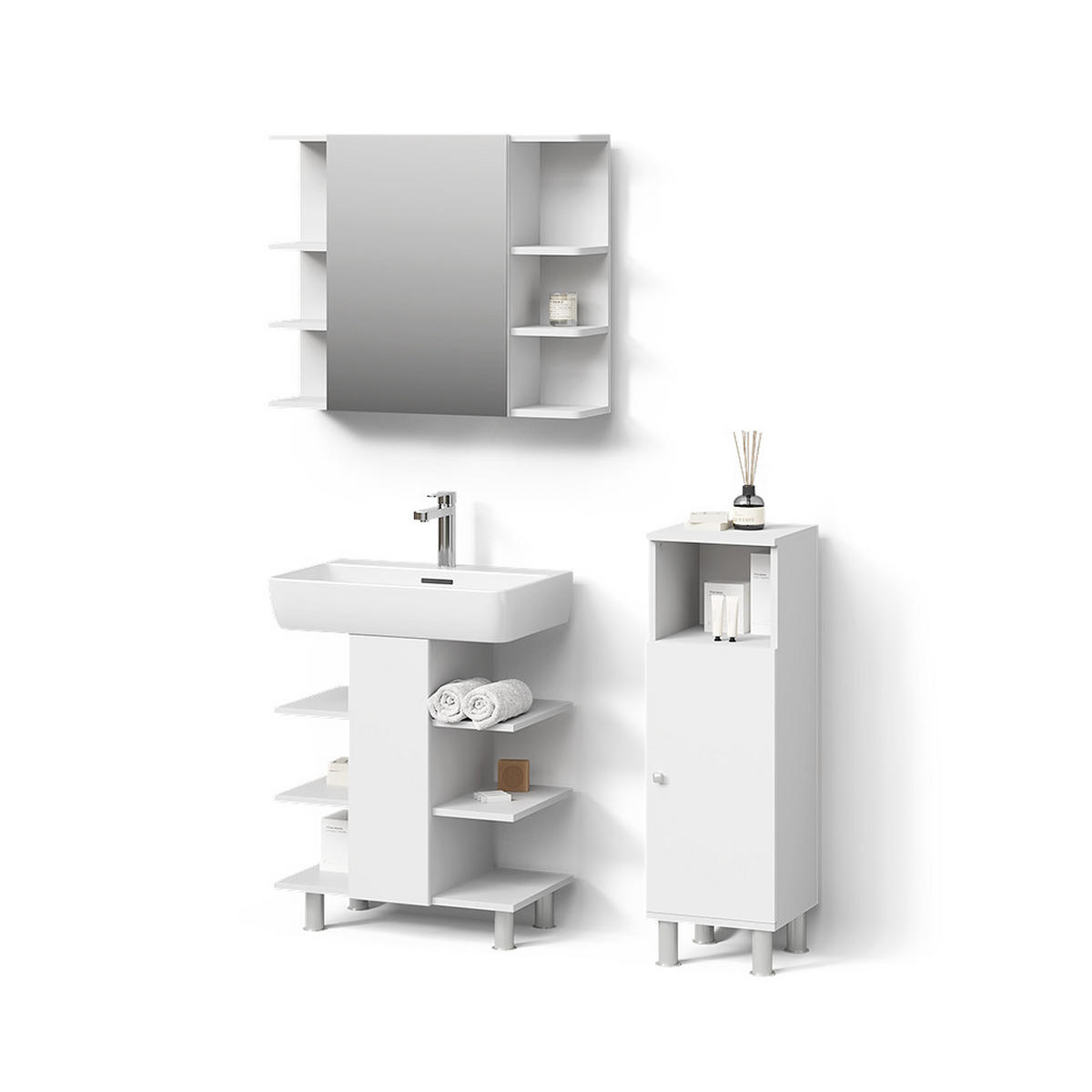 BADMÖBEL-SET Fucino Weiß 3 Teile, mit Midischrank - Weiß, Holzwerkstoff (79.6/95/36.6cm) - Livinity®