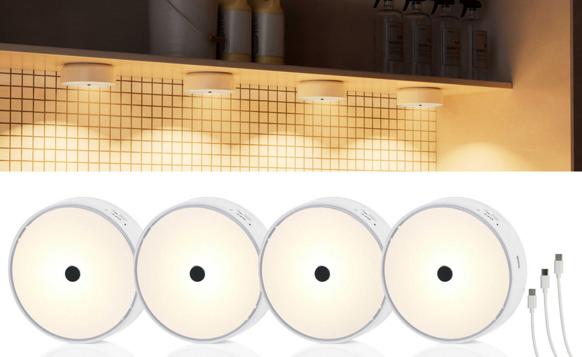 LED-AKKU Schranklichter Spots Unterbauleuchte Ø 9,5 x 3,6 cm 4er-Set Funkverbindung mit Gestensteuerung - Weiß, Kunststoff (3.6/9.5/9.5cm) - Northpoint