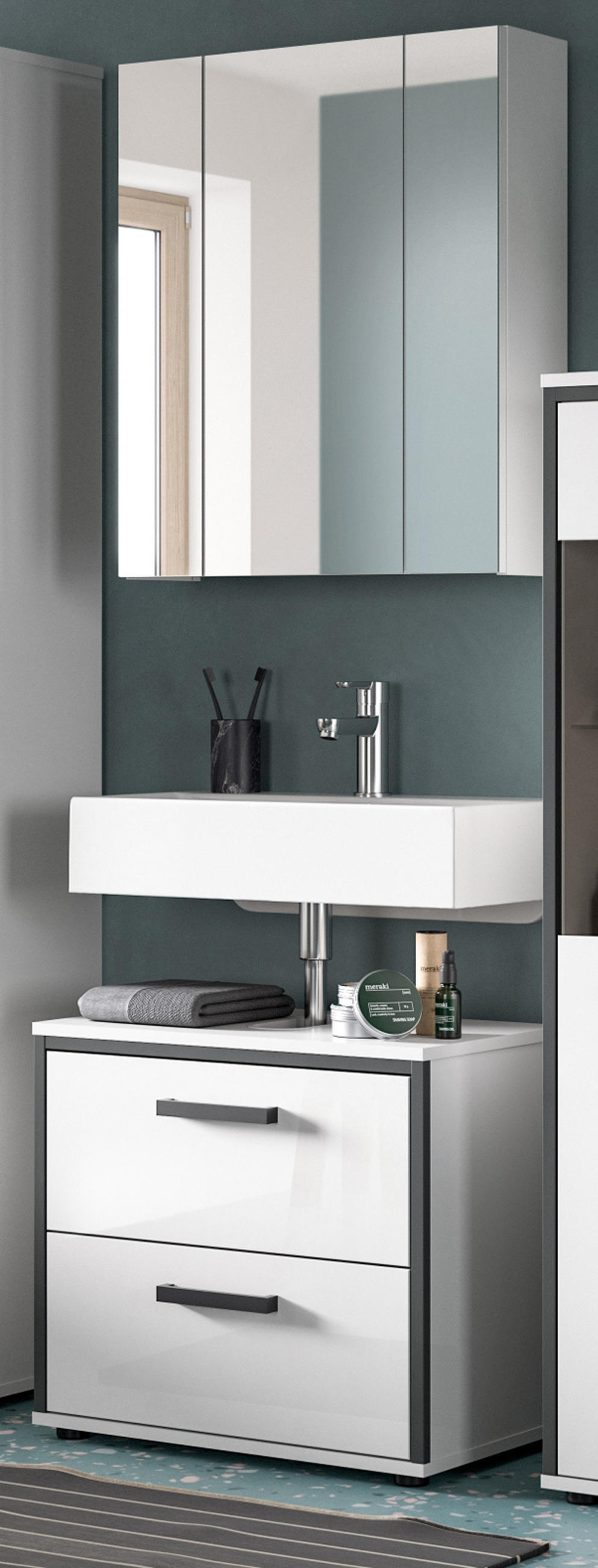 BADMÖBEL-SET 2-teilig weiß Hochglanz, grau, Badkombination 60 x 190 cm - Weiß Hochglanz/Schwarz, Glas/Holzwerkstoff (60/190/37.5cm) - Inn.Furn