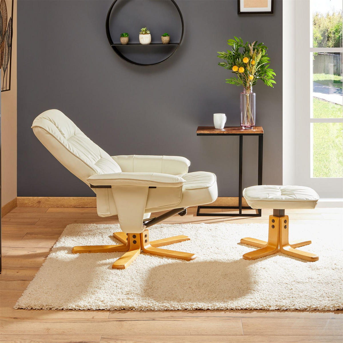 RELAXSESSEL KUNSTLEDER, SET MIT HOCKER CHARLY - Weiß, Textil (76/87/61cm) - IDIMEX