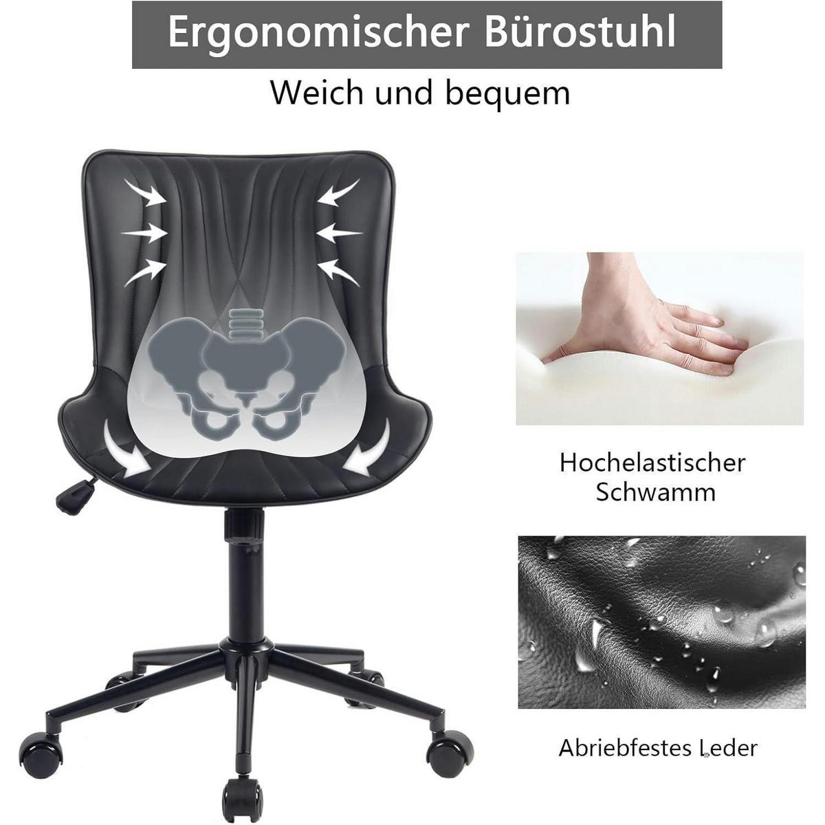 BÜROSTUHL ergonomisch im Fischschwanz-Design, schwarz - Schwarz, Kunststoff (60/78.5/42.4cm)