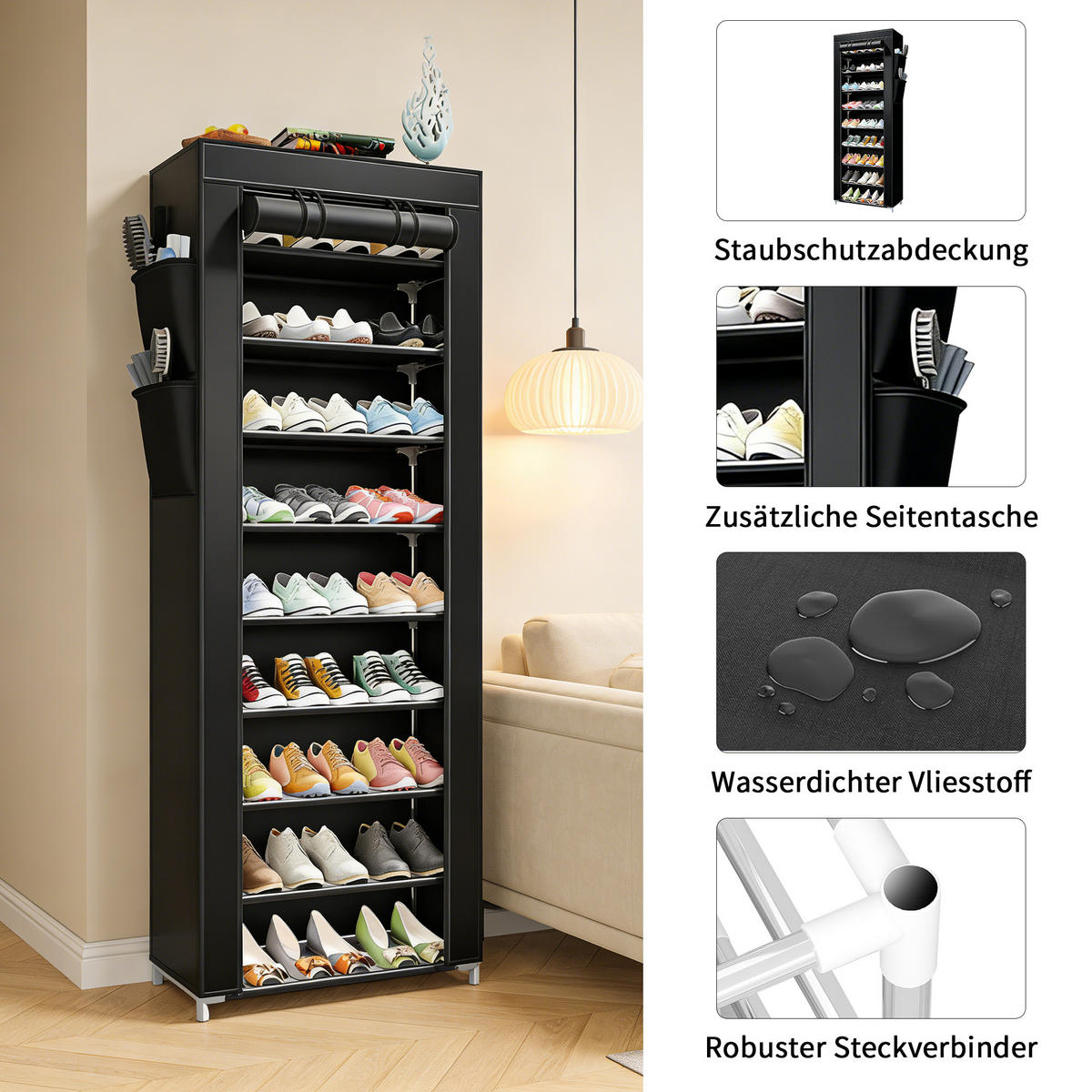 SCHUHSCHRANK faltbar, 10 Ebenen, 3 Boxen, 2 Schubladen, ideal für kleine Räume - Schwarz, Textil (50/158/30cm) - EuroLiving