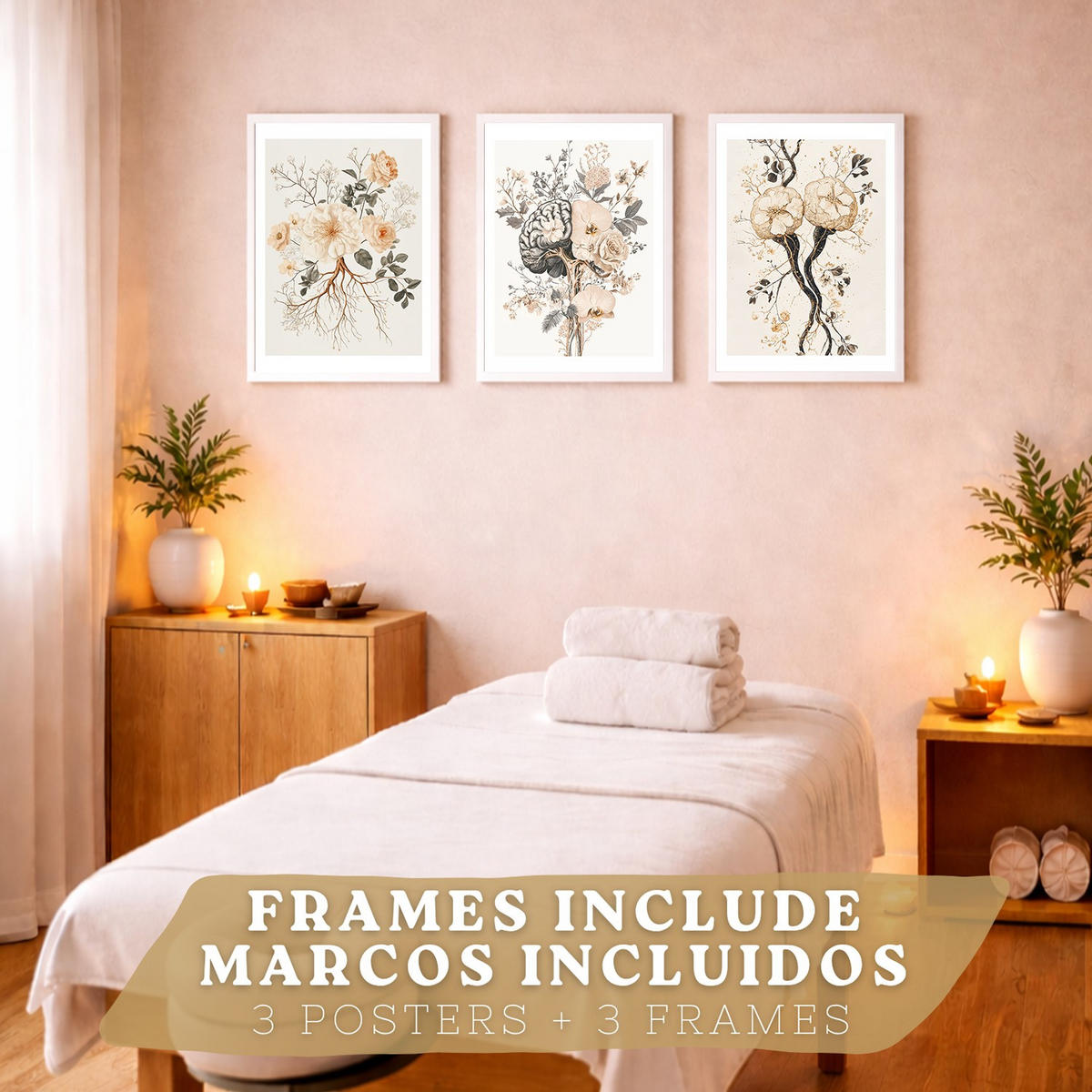 POSTER Set aus 3 Neuronale Anatomie Drucke und Wandbilder mit Neuronen Synapsen und Gehirn Minimalistischer Floraler Stil Größe Weißer Rahmen A3 - Weiß, Papier (29.7/42/3cm) - Nacnic