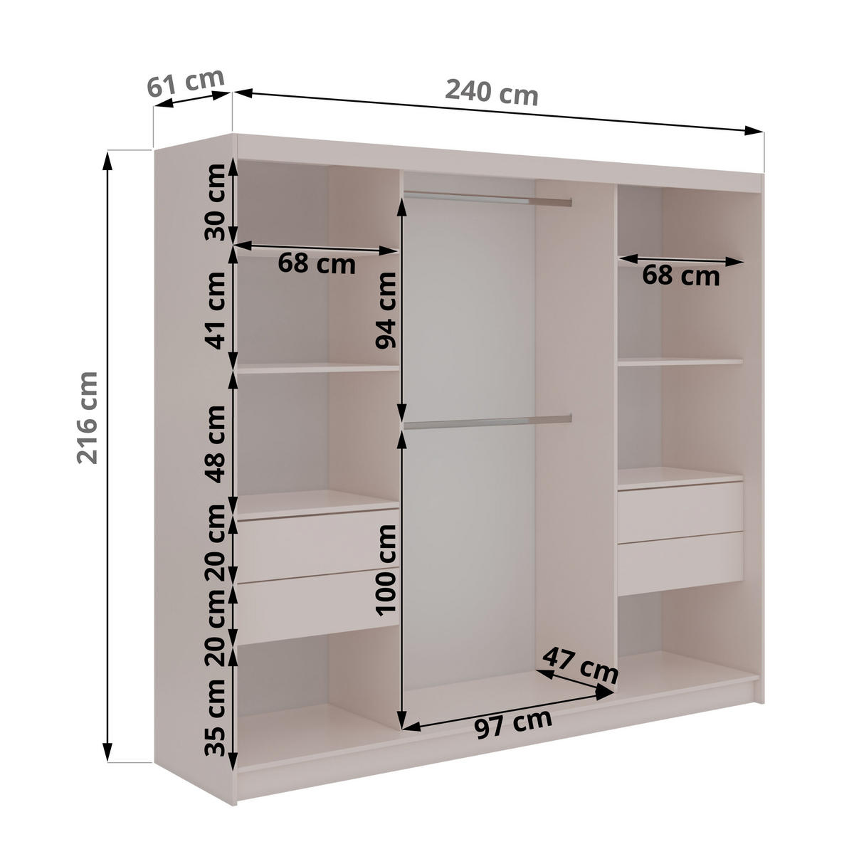 SCHWEBETÜRENSCHRANK mit Lamellen und Schubladen LUMOS - 240 - Kaschmir und Eiche Artisan - Kaschmir/Alufarben, Holzwerkstoff/Metall (240/216/61cm) - MKS