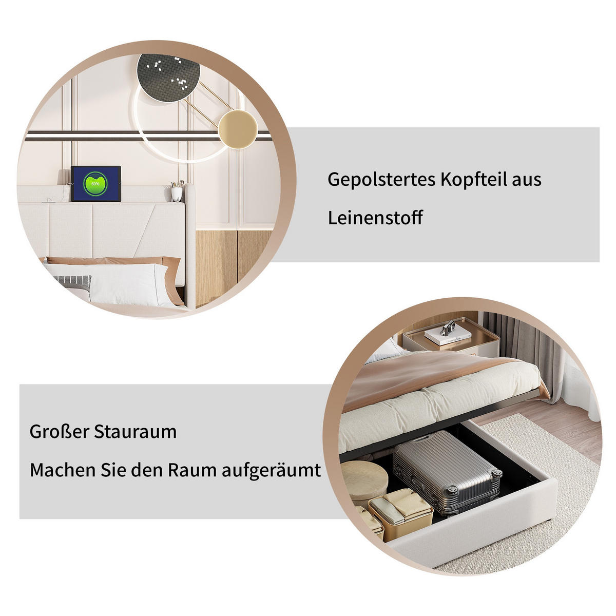POLSTERBETT 140/200 cm, mit hydraulischem Stauraum, USB A/C-Ladefunktion, Lattenrost, Beige - Beige, Holzwerkstoff (140/200cm) - Brevoria