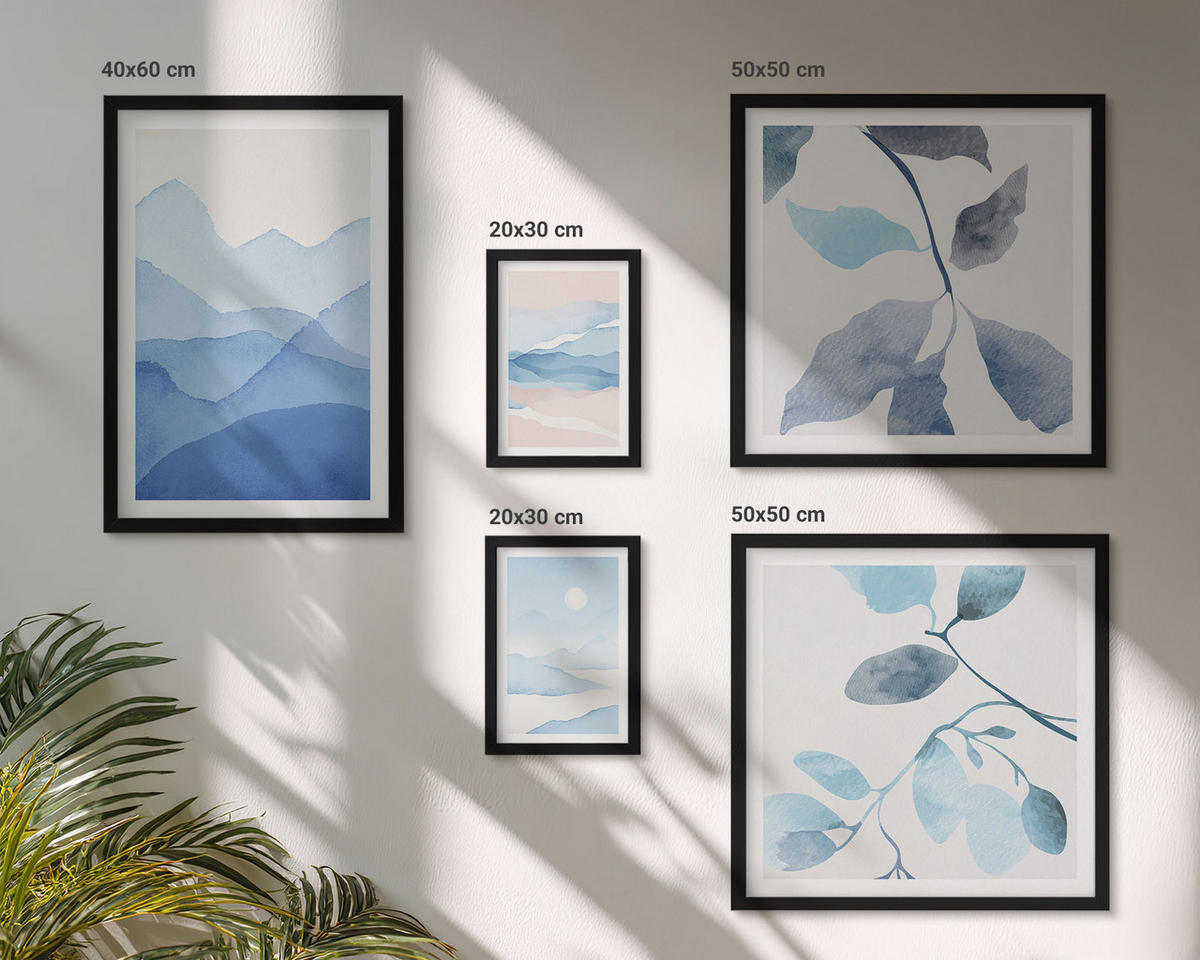 WANDBILDER 5er-Set - 50x50 cm & 20x30 cm & 40x60 cm Schwarzer Rahmen - Berglandschaften, Aquarellpflanzen - Schwarz, Kunststoff (40/60cm) - ArtPrintCave