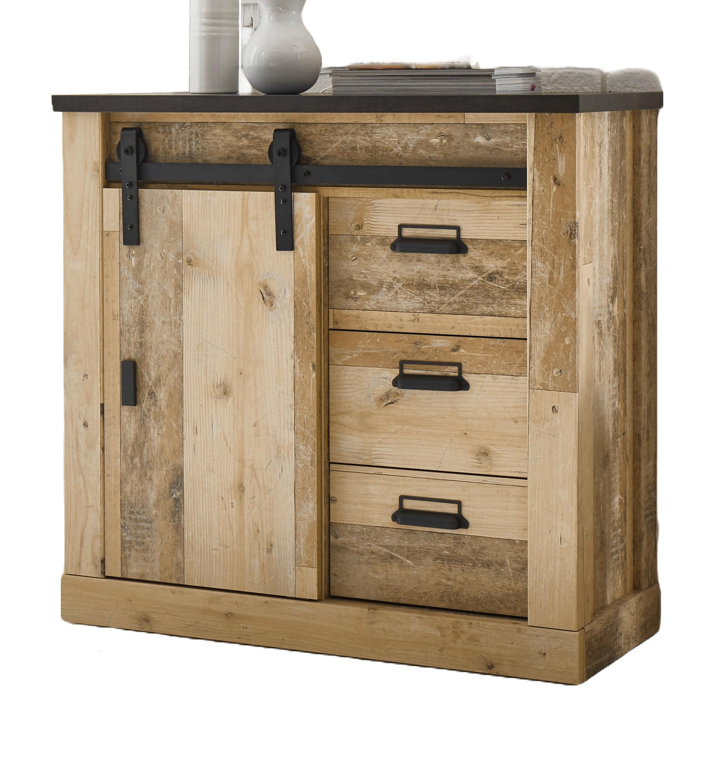 SCHUHSCHRANK Flur Kommode Used Wood Vintage 93 x 91 cm, Schiebetür und Soft-Close - Anthrazit/Schwarz, Holzwerkstoff/Metall (93/91/43cm) - Furn.Design