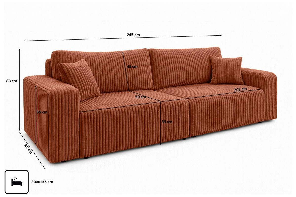 SOFA Mit Schlaffunktion Und Bettkasten, Cordstoff Tilia, Kupfer, BEST SCORNER - Orange, Holz (245/83/90cm) - Kaiser Möbel