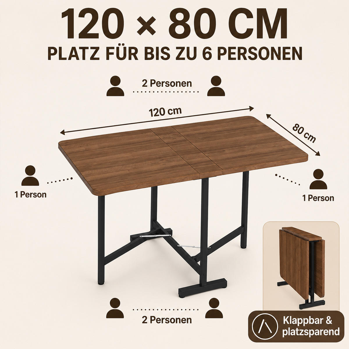 KLAPPTISCH 120/80 cm DE-39804 Walnussholzfarbe - Walnussfarben, Holzwerkstoff (80/120/75cm) - ComfortXL