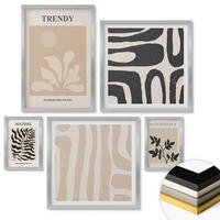 WANDBILDER 5er Set - 50x50 cm & 20x30 cm & 40x60 cm Silberner Rahmen - Stilvolle Pflanzenmuster in Beige und Schwarz - Silberfarben, Kunststoff (40/60cm) - ArtPrintCave
