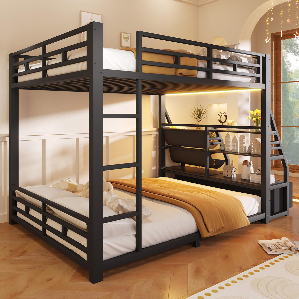 ETAGENBETT 140x200cm mit LED-Beleuchtung, mit 2 Stoffschubladen, Schwarz - Schwarz, Metall (140/200cm) - KOMHTOM