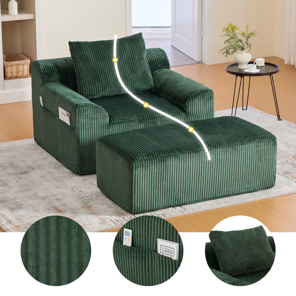SESSEL mit Hocker in Cord Übergroßer Relaxsessel - Grün, Textil (147/67/110cm) - Urban Meuble