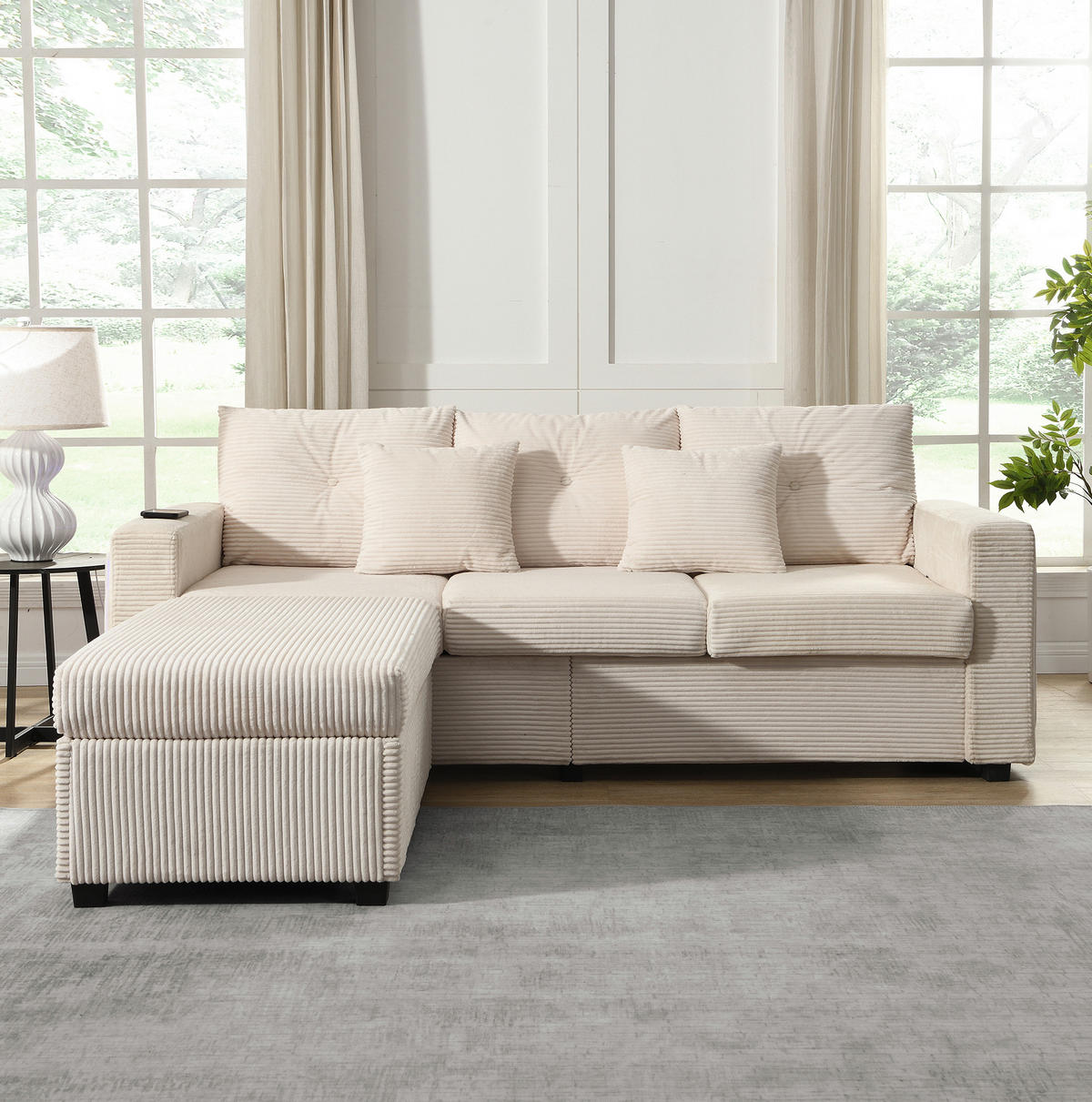 SOFA mit LED und Hocker Cord Beige 5-Kissen-Set - Beige, Kunststoff (184/85.5/84.5cm) - Meubliv