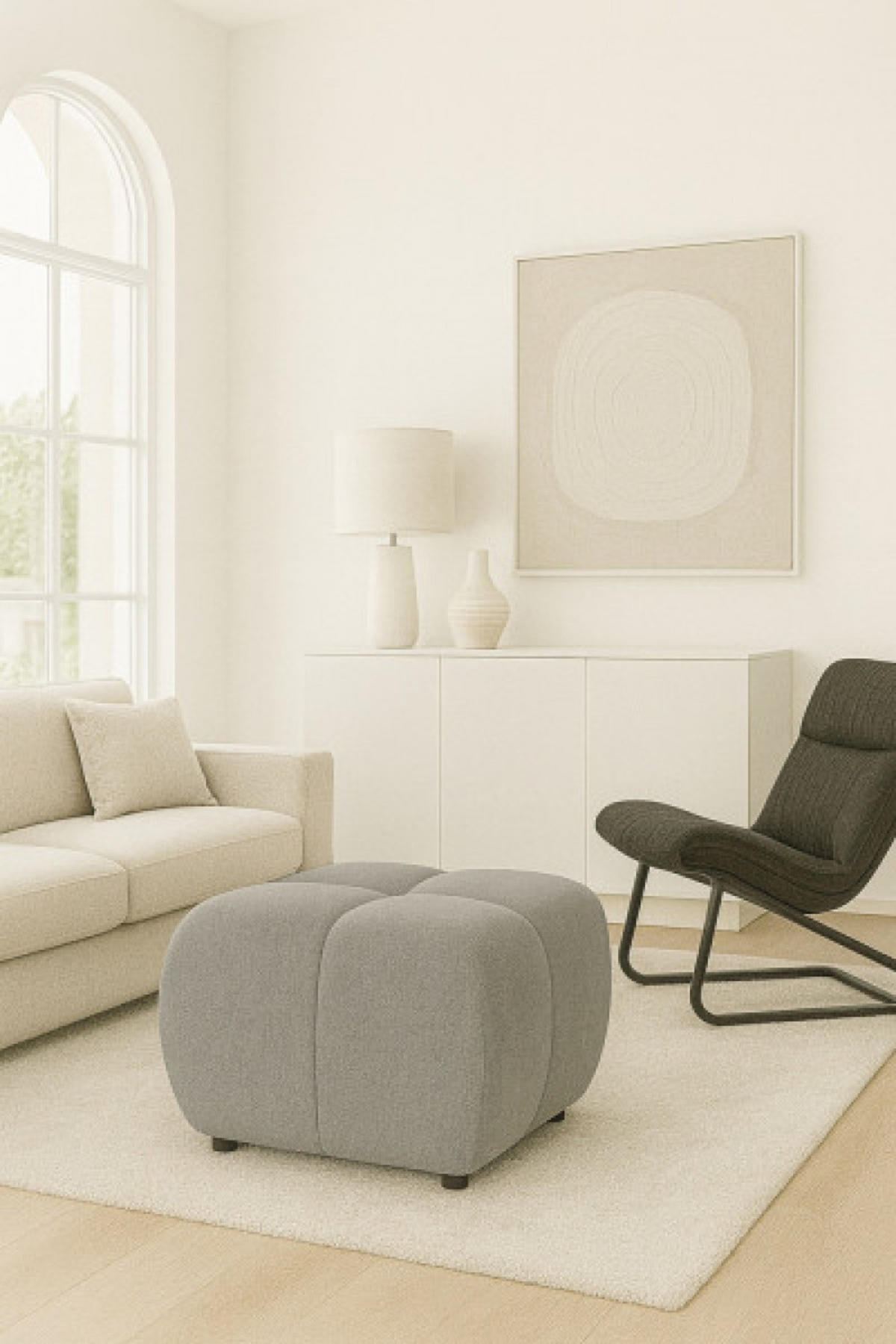 POUF Hellgrau MILA Mit Steppungen Auf Schwarzen Niedrigen Beinen - Grau, Textil (72/43.5/72cm) - Sepro Meble