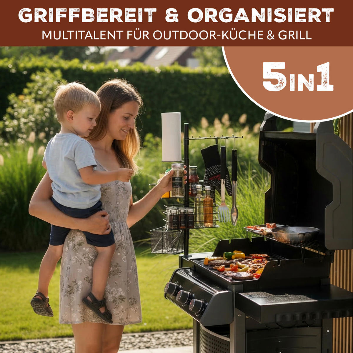 GRILLZUBEHÖR-ORGANIZER 5in1, schwarz, Metall - Schwarz, Metall (35cm) - eluno