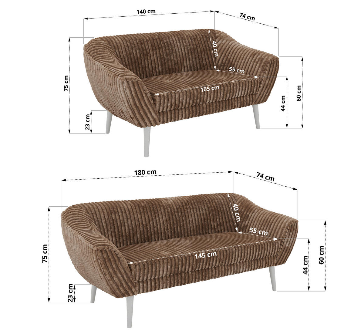 SEDACÍ SOUPRAVA 3+2 PIRS - Hnědá Manšestr - Bílé nohy - bílá/hnědá, kompozitní dřevo/textil (180/75/74cm) - MKS