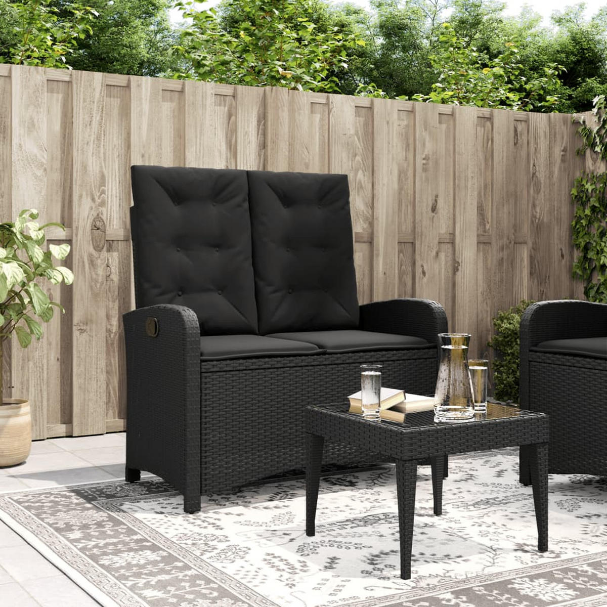 GARTENBANK Verstellbar mit Kissen Schwarz Poly Rattan - Schwarz, Holz (105/93/59cm) - furnicato