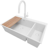 GRANITSPÜLE Oslo Duo, 2-er set Alles Weiß 78/50 cm 2 Becken + Küchenarmatur 40/20 cm + Ablauf-Set + Schneidebrett ab 80er Unterschrank - Beige/Weiß, Kunststoff (78/20/50cm) - Primagran