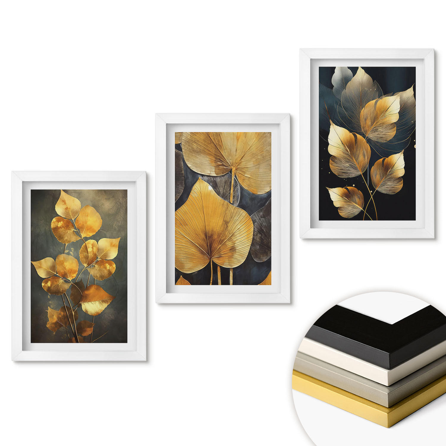 WANDBILDER 3er-Set - 20x30 cm Weißer Rahmen - Gelbe Blätter auf dunklem Hintergrund - Weiß, Kunststoff (20/30cm) - ArtPrintCave