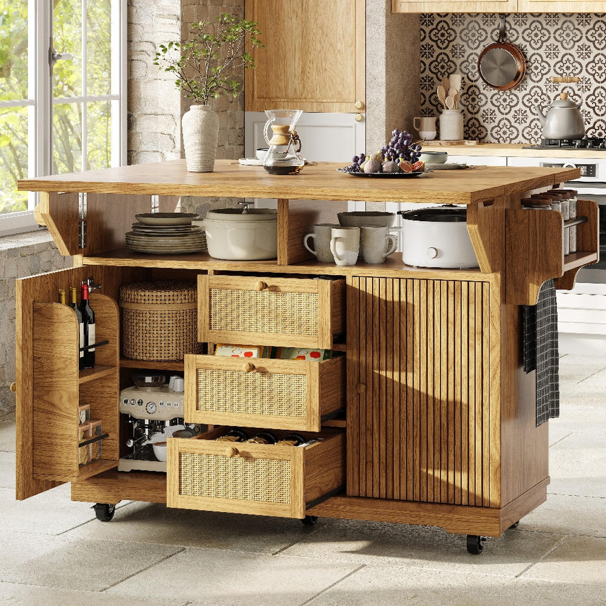 KÜCHENINSEL ausklappbar in Naturbraun mit Rattan, 142,5/80/95 cm - Naturfarben, Kunststoff (80/95/142.5cm) - Rolipo
