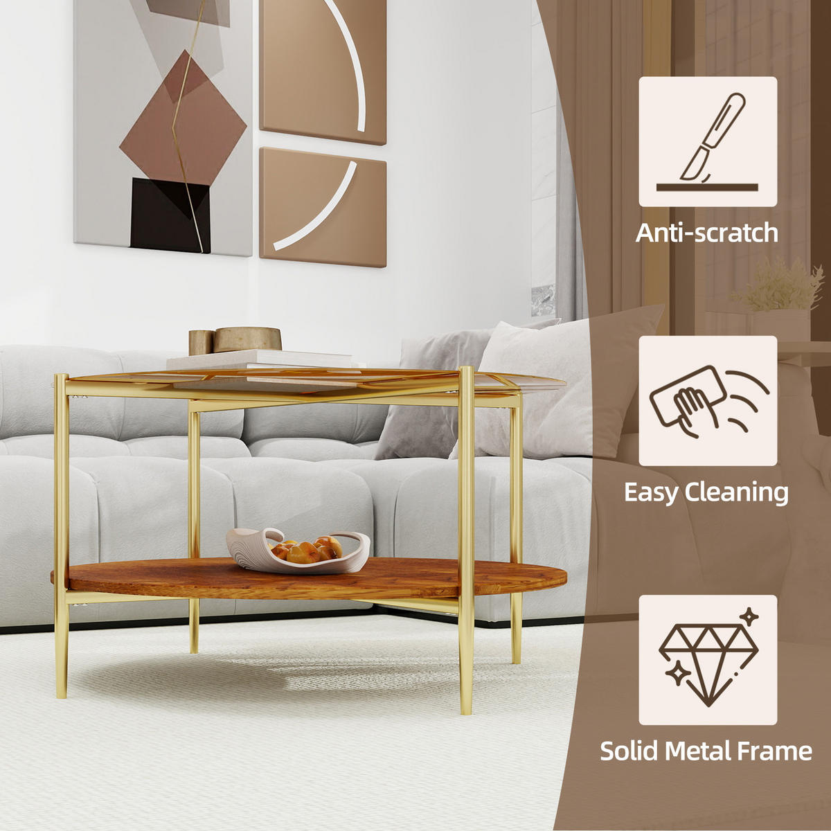 COUCHTISCH DE-37287 rund mit Goldglasplatte und zweistufigem Design Gold - Goldfarben, Metall (82/82/45cm) - ComfortXL