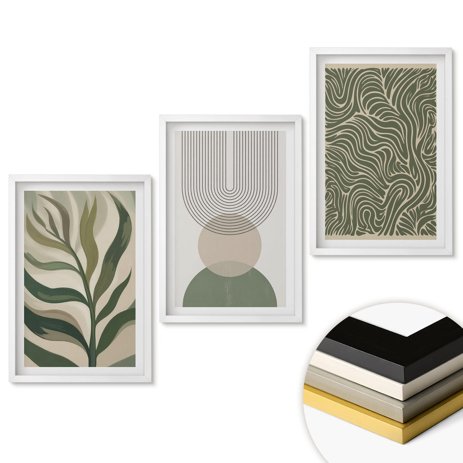 WANDBILDER 3er-Set - 40x60 cm Weißer Rahmen - Geometrische Blattformen - Weiß, Kunststoff (40/60cm) - ArtPrintCave