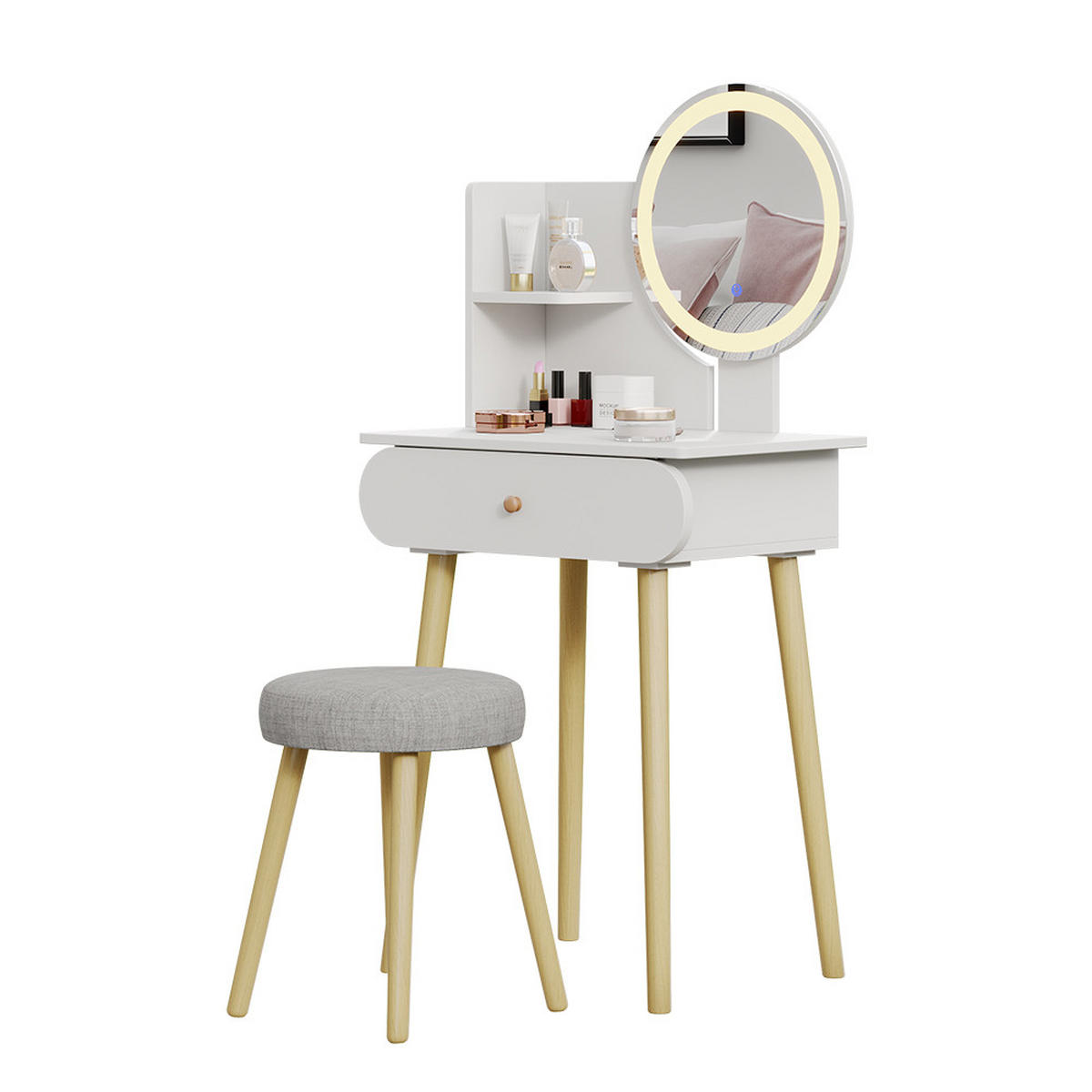 SCHMINKTISCH Edda Weiß 60 cm mit LED-Spiegel und Hocker - Weiß, Holzwerkstoff (60/127/40cm) - Vicco