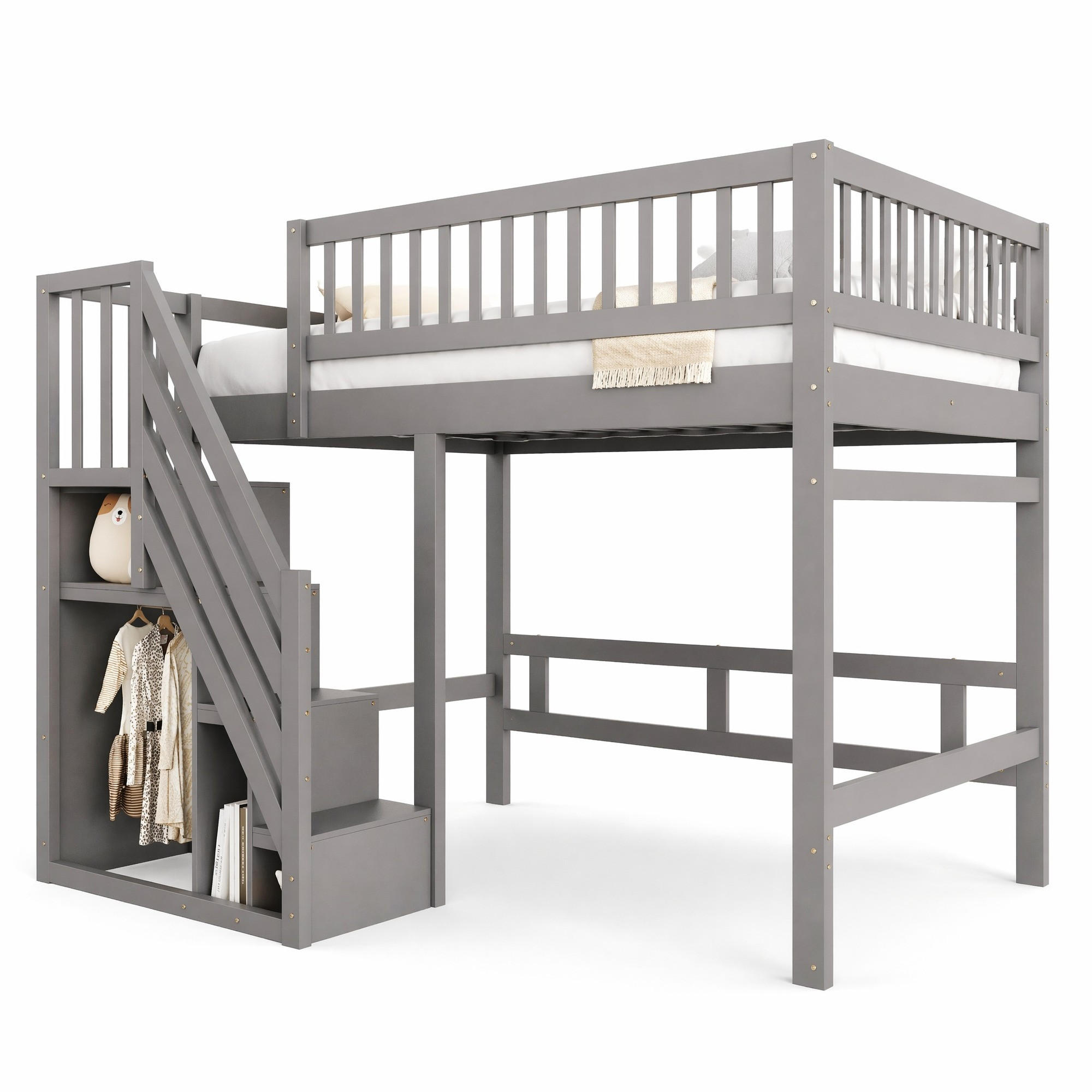 HOCHBETT 140/200 cm Grau aus Holz mit Aufbewahrungstreppe - Grau, Holzwerkstoff (140/200cm) - OKMYHOME