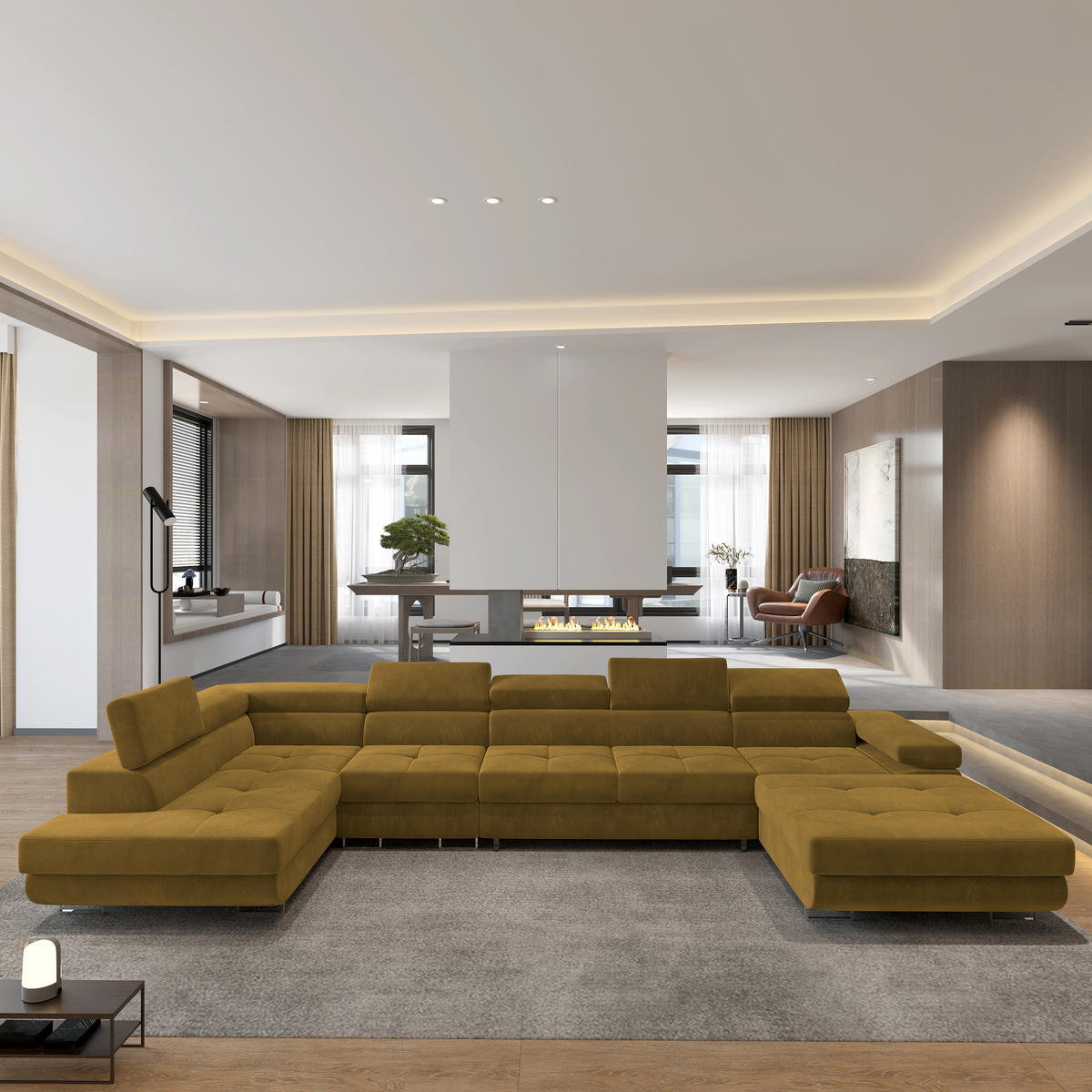 ROHOVÁ SEDAČKA VELORA žlutá - stříbrná/žlutá, kov/dřevo (419/90/202cm) - MASSENO