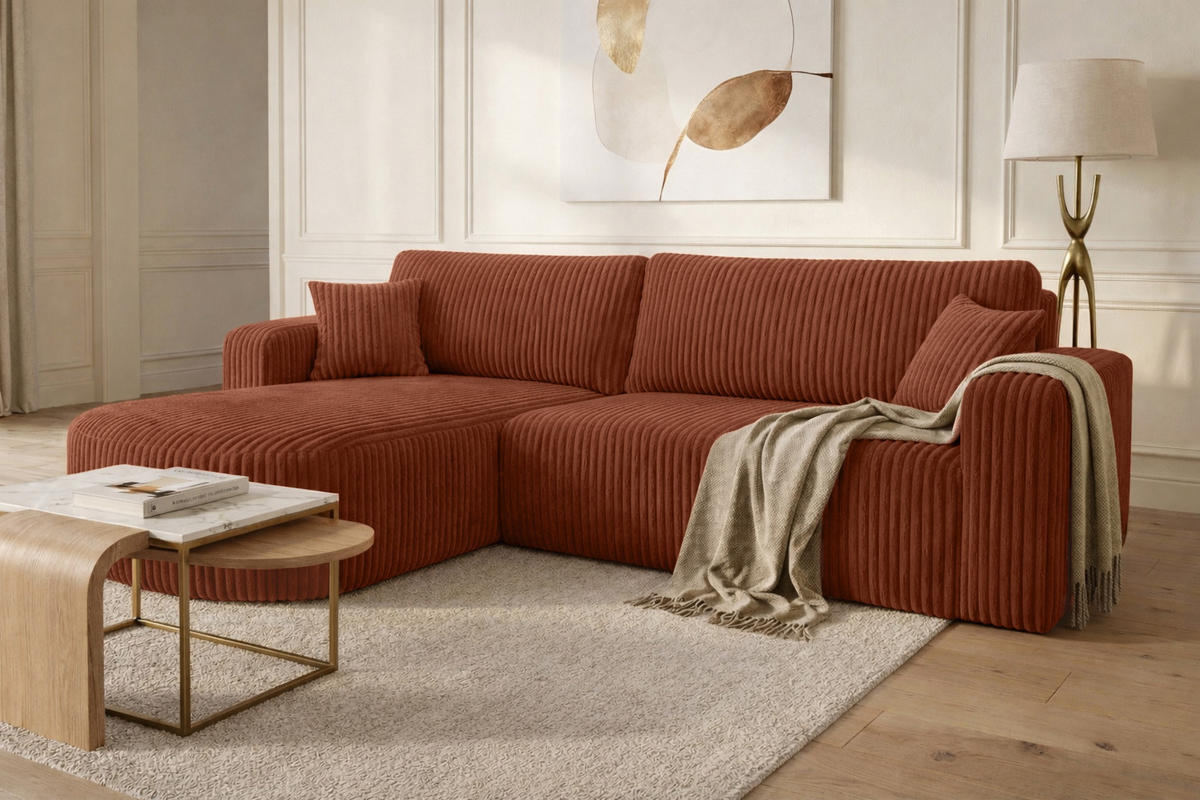ECKSOFA Mit Schlaffunktion, Cordstoff Tilia, Kupfer, Links, ROUND ONE XL - Orange, Holz (271/175cm) - Kaiser Möbel