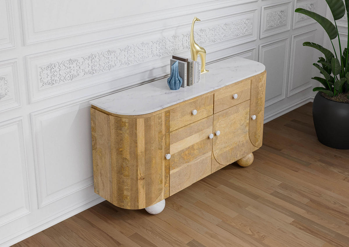 SIDEBOARD Mango 150x40x80 natur lackiert / Marmor weiß FLORENZ #120 - Braun, Holz (150/80/40cm) - Massivmoebel24