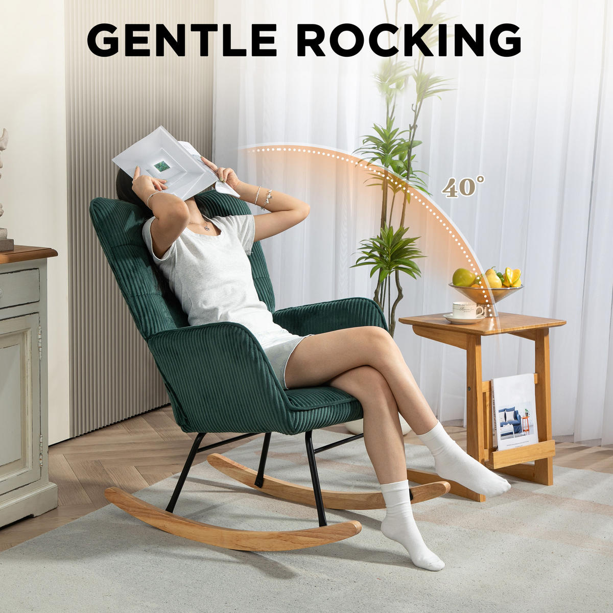 SESSEL 71/98/101 cm, Schaukelstuhl mit Kord-Bezug, gepolstert, Dunkelgrün - Dunkelgrau, Kunststoff (98/101/71cm) - Redom