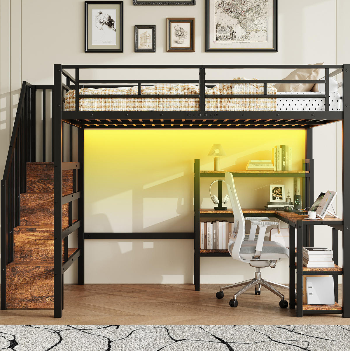 HOCHBETT 140x200 cm in Schwarz mit Schreibtisch, Stauraumtreppe und LED-Beleuchtung - Schwarz, Holzwerkstoff (140/200cm) - IVMEU