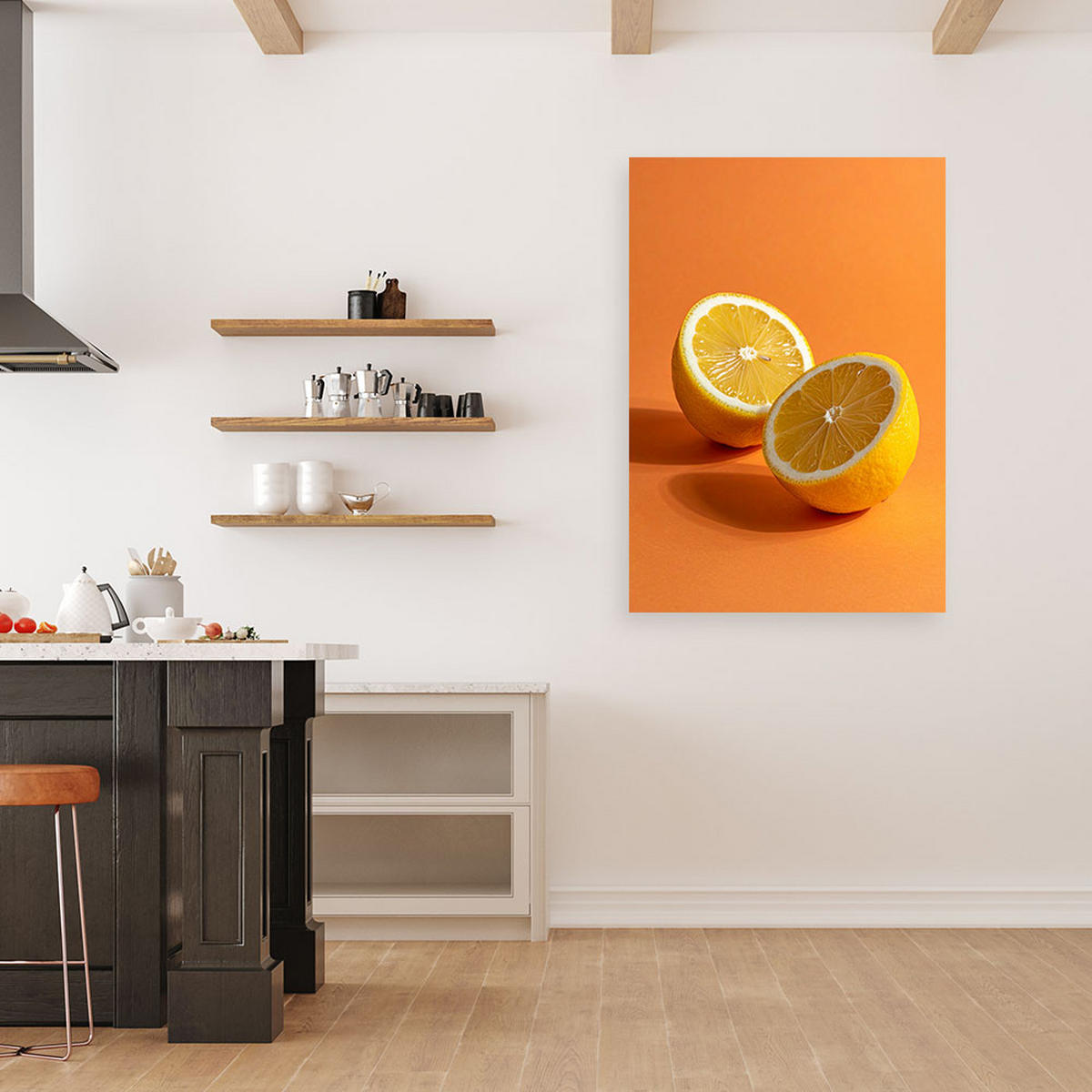 WANDBILD, Zitronenhälften auf orangefarbenem Hintergrund - Orange, Textil (40/60cm) - Feeby
