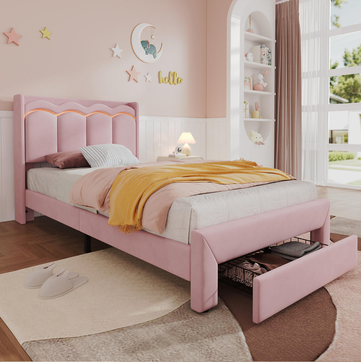 KINDER-POLSTERBETT aus Samt 90x200 cm Rosa mit Stauraumschublade und App-gesteuerter LED-Beleuchtung - Pink, Textil (90/200cm) - Modfu