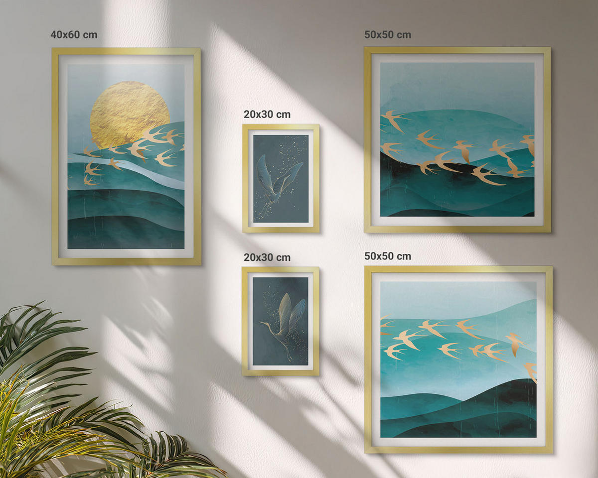 BILDER SET 5er Set - 50x50 cm & 20x30 cm & 40x60 cm Goldrahmen - Stilvolle Landschaften mit Vögeln - Goldfarben, Kunststoff (40/60cm) - TULUP