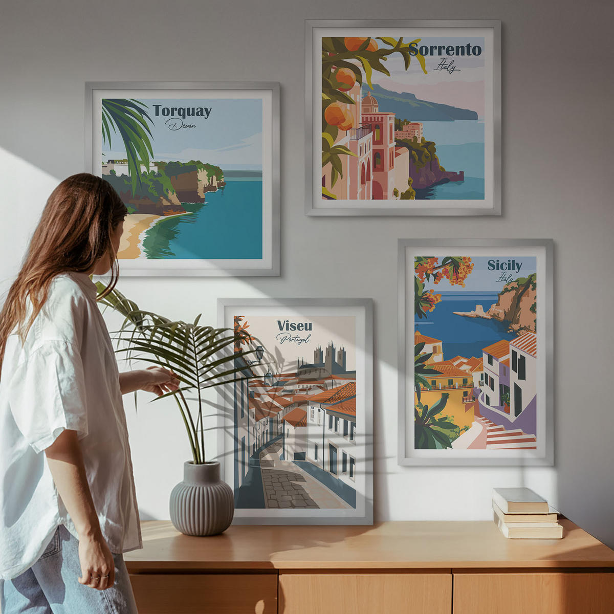 WANDBILDER 4er Set - 50x50 cm & 40x60 cm Silberner Rahmen - Retro-Illustrationen von Weltstädten - Silberfarben, Kunststoff (50/50cm) - ArtPrintCave
