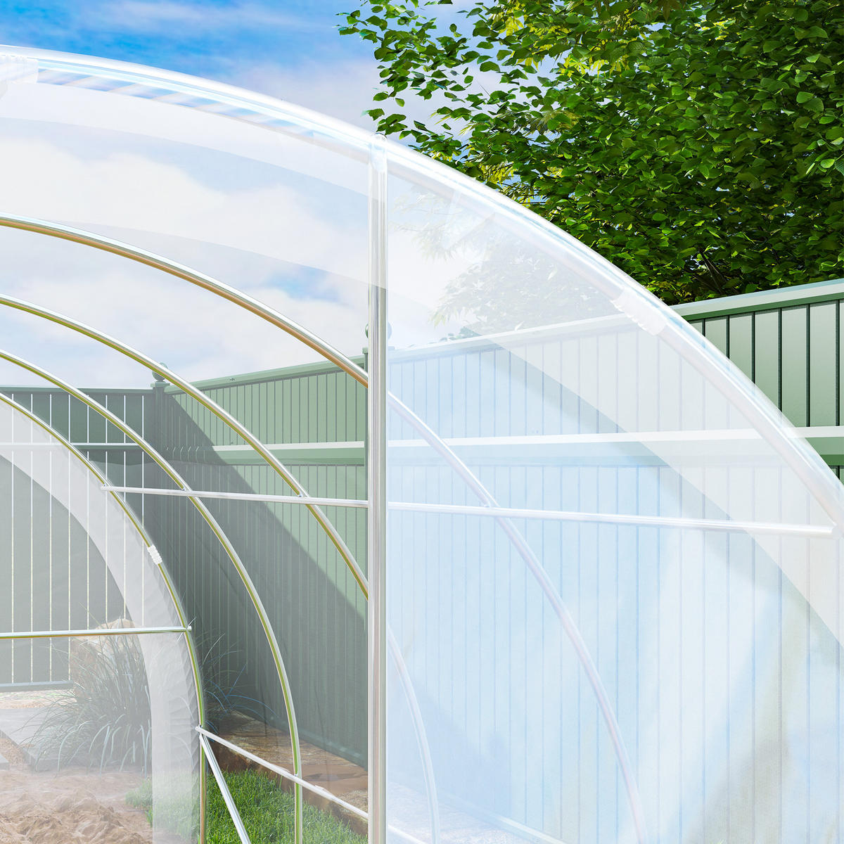 GEWÄCHSHAUS DE-12020 mit 2 Scharniertüren & PE-Bache Grün - Transparent, Kunststoff (295/195/395cm) - ComfortXL