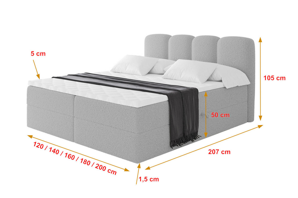 BOXBETT mit Matratze H4 - NINA - 160x200 cm Hellgrau - Hellgrau, Holzwerkstoff (160/200cm) - ALTDECOR