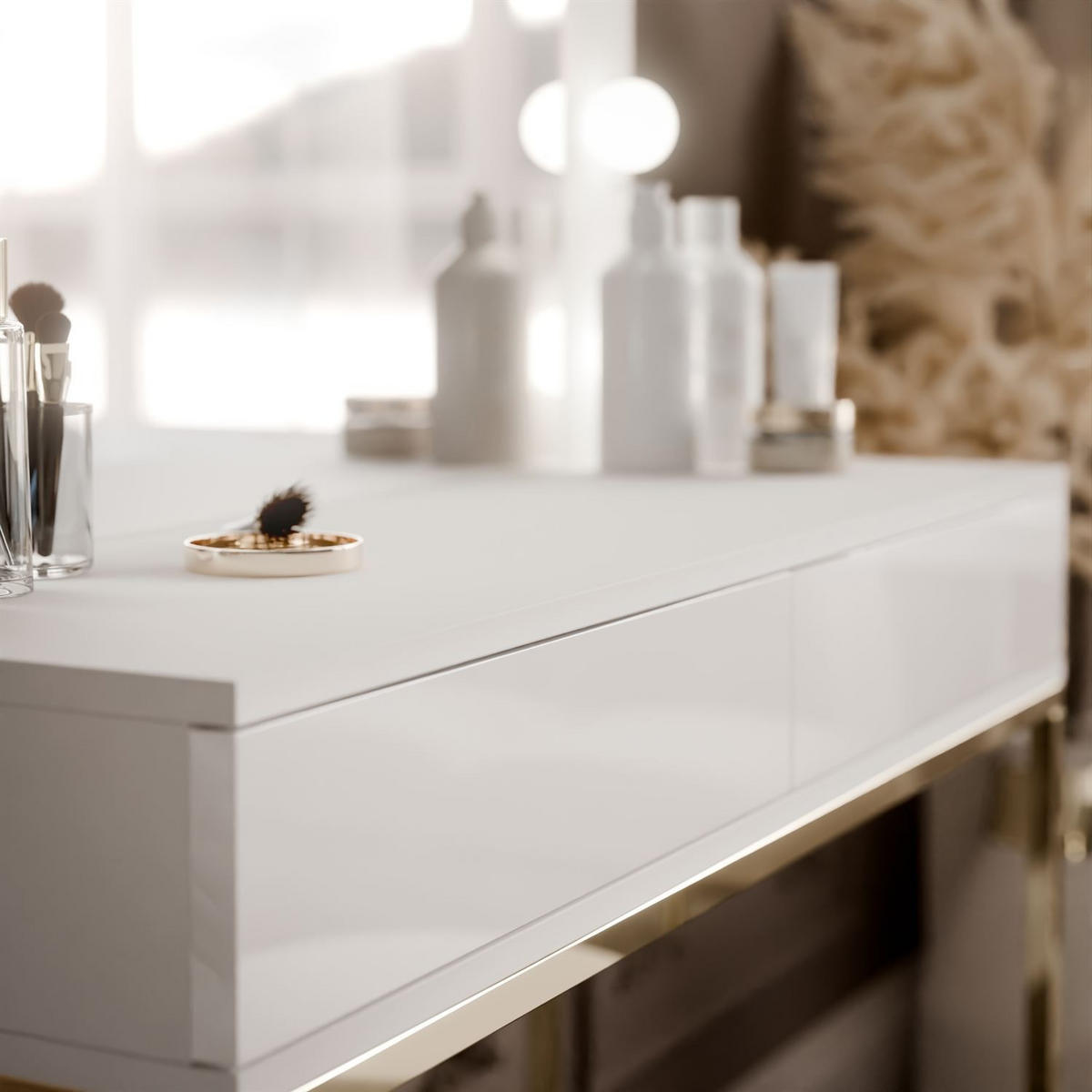 SCHMINKTISCH BLANCO mit Spiegel und Beleuchtung Gold Chrom Weiß Hochglanz PUSH OPEN - Weiß Hochglanz/Goldfarben, Holzwerkstoff (100/146/42cm) - Lookway