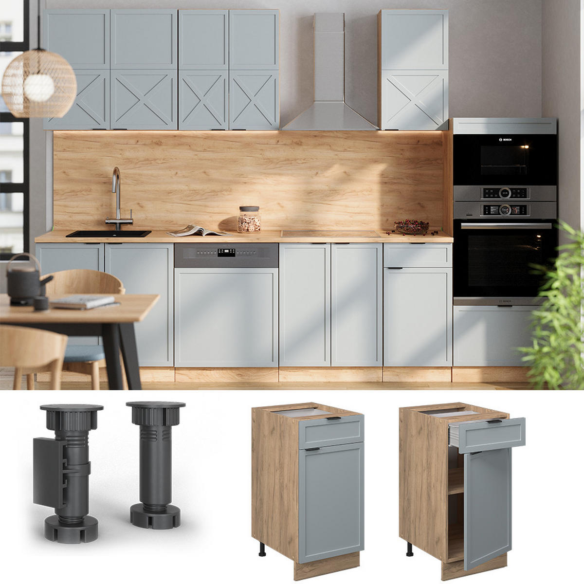 KÜCHENUNTERSCHRANK Fame-Line Hellblau-grau 40 cm, AP Anthrazit - Honigeiche/Eiche Wotan, Holzwerkstoff (40/82/60cm) - Vicco
